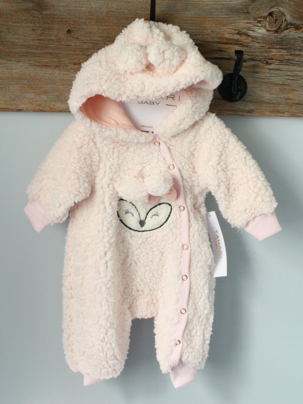 Tahari Size 0-3M Pink Sherpa Pram Hooded Deer Design